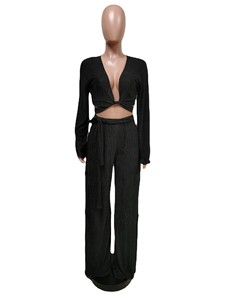 ชุดเซ็ต 2 ชิ้น เสื้อครอปคอวีลึกผ้าสเตรช กางเกงขายาวทรงกว้าง สไตล์ลำลองสำหรับผู้หญิง รุ่นใหม่ล่าสุด - Product Image 5