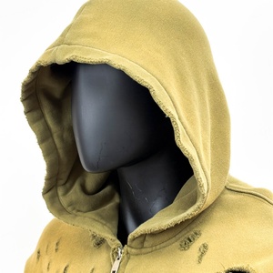 TOPSHOW High Quality Custom Distressed Applique Embroidery Cotton <b>Hoodie</b> Cropped Oversized Acid Washed <b>Zip</b> <b>up</b> <b>Hoodie</b> Men - Product Image 3