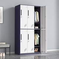 Lemari Pakaian Minimalis 6 Pintu Biru Putih Baja, Furnitur Kamar Tidur Logam dengan Gantungan Baju dan Organizer Sepatu