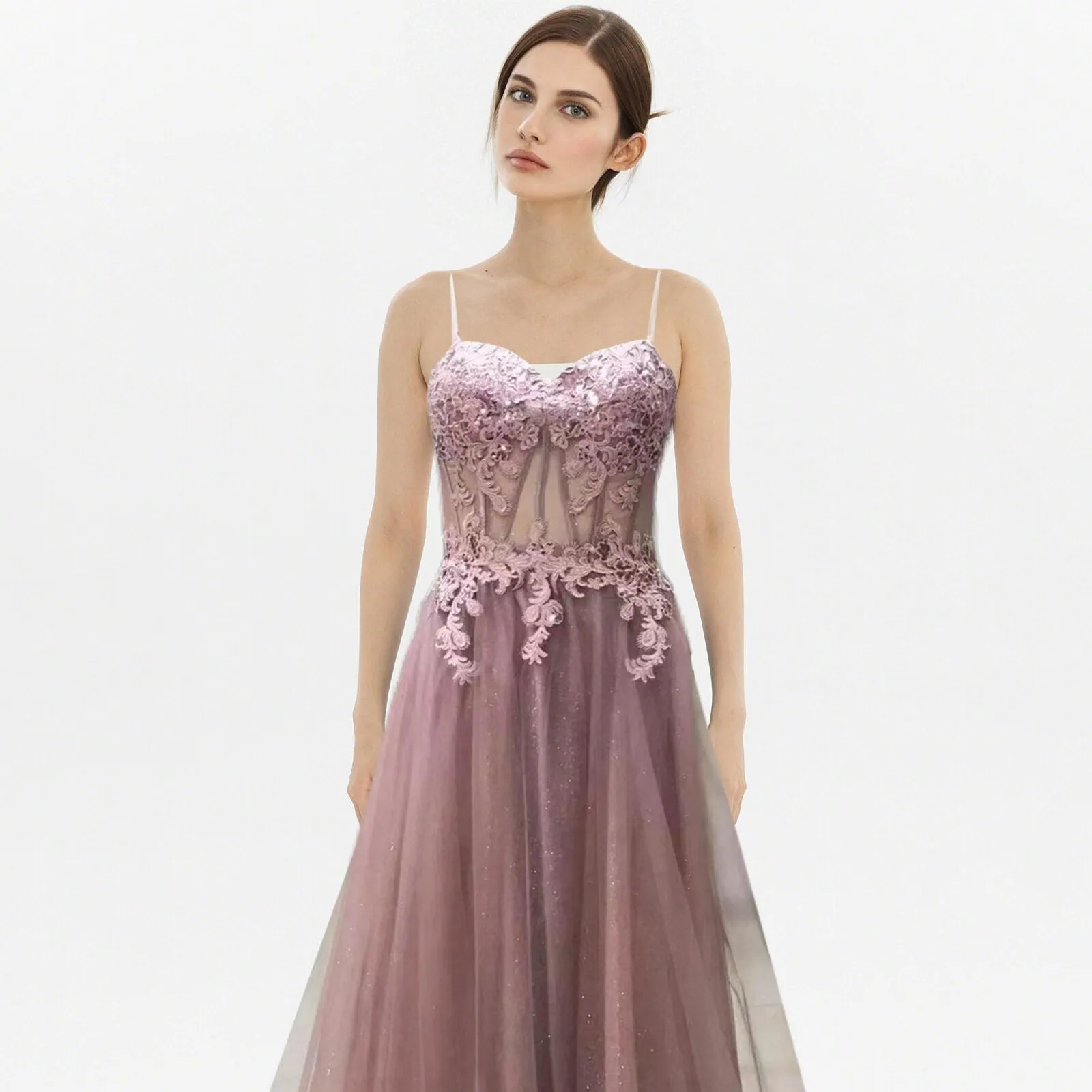 Mauve embroidered A Line Sleeveless Tulle Simple Party Formal Evening Gown Prom Dress