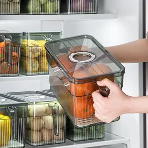 صندوق تخزين للثلاجة صندوق لحفظ الطازجة بمقبض من البولي إيثيلين تيريفثالات بلاستيك شفاف مستطيل للمطبخ لفرز الخضروات والفاكهة