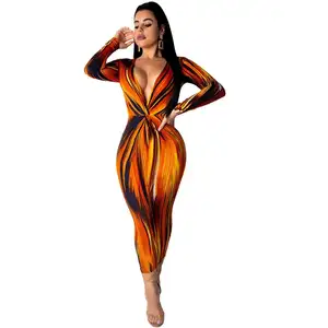 Elegant Types Women Digital Print Dress Fashion Long Sleeve Deep V Neck Bodycon Dress
