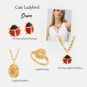 Conjunto de pendientes y collar de mariquita de acero inoxidable para mujer, regalo, joyería de moda - Product Image 5