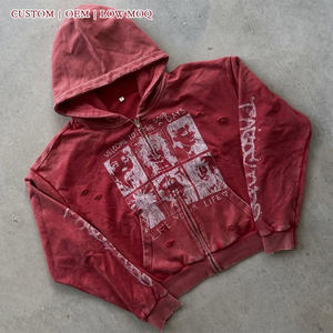 Sweat à capuche zippé personnalisé, style vintage délavé et vieilli, imprimé graphique, streetwear, coupe oversize, OEM, faible MOQ - Product Image 2