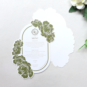 Elegante Menu Floreale per Matrimonio con Bordo <span class=keywords><strong>Verde</strong></span> Oliva, <span class=keywords><strong>Cartoncino</strong></span> Personalizzato con Monogramma Stampato per Allestimento Tavoli da Banchetto Nuziale - Product Image 3