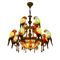 Lustre en verre teinté en forme de perroquet, 10 lumières à intensité variable, suspension dorée, luminaire vintage en mosaïque d'oiseaux pour salon/restaurant
