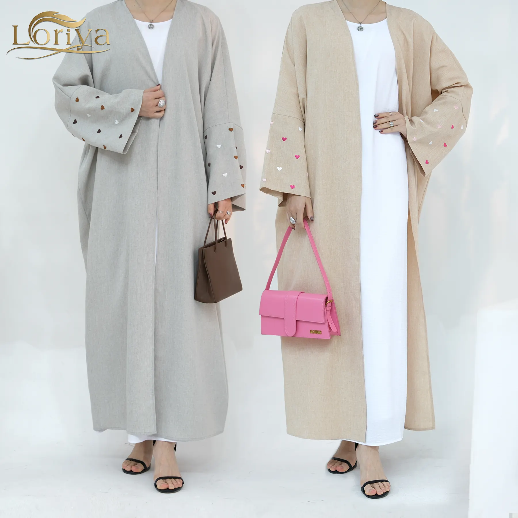 Loriya personnalisé lin Abaya vêtements islamiques femmes Kimono Cardigan EID Ramadan broderie coeurs Abaya