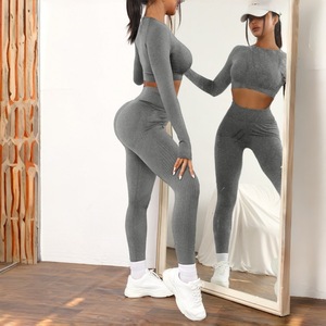 Ensemble <span class=keywords><strong>de</strong></span> pantalons <span class=keywords><strong>de</strong></span> fitness européens américains d'automne et d'hiver en tricot transfrontalier Costume <span class=keywords><strong>de</strong></span> yoga en maille à manches longues solide - Product Image 4