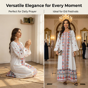 Vestido Musulmán con Estampado Étnico Blanco para Eventos en Interiores - Product Image 4