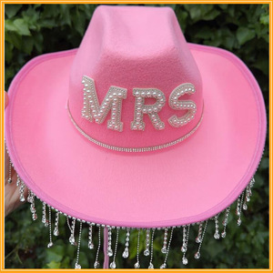 <span class=keywords><strong>Chapeau</strong></span> de cowgirl avec pompon en strass pour mariage, enterrement de vie de jeune fille, chapeaux en feutre avec diamants et perles, chapeaux de cowboy pour douche nuptiale - Product Image 4