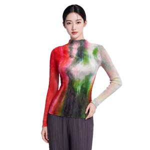 Chemisier plissé Miyake <span class=keywords><strong>pour</strong></span> femme, coupe ajustée, col montant, manches longues, imprimé abstrait artistique, haute couture, collection automne 2026, directement de l'usine - Product Image 5