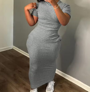 Viviblook Z428DS03 Mujer Verano Color sólido O Cuello Manga corta Acanalado Sexy Maxi Vestido de talla grande - Product Image 1