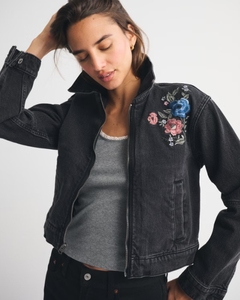 Chaqueta informal de primavera con cremallera para mujer, de lona de algodón bordada en negro, marca LEDUO - Product Image 2
