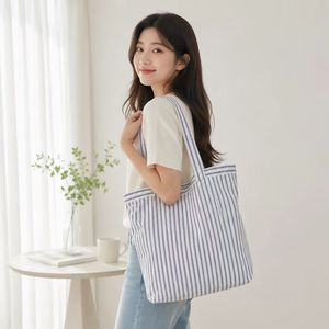 Sac de courses en tissu de coton rayé, grande taille, avec poignée épaule, pour les courses - Product Image 2