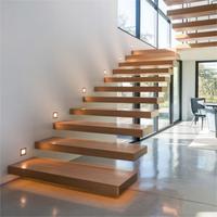 Escalier droit flottant à éclairage LED personnalisable d'intérieur contemporain antidérapant en bois massif et fer pour maison et villa