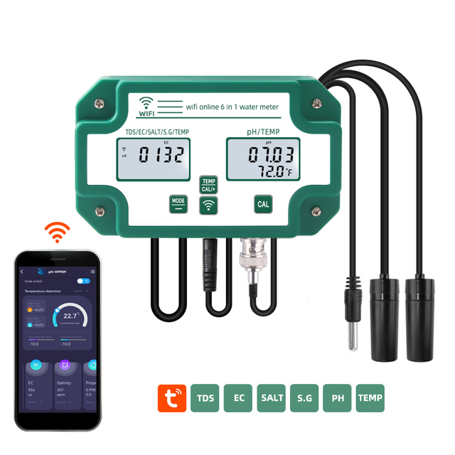 Tuya APP Online Smart Monitor Wifi Water Quality Tester 6-in-1 Water Quality Meter pH / EC / TDS / Salinity / SG / Temperature