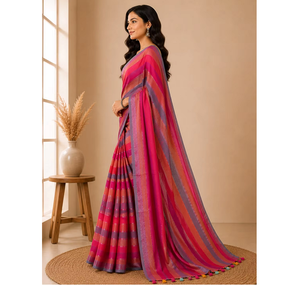 Elegante Sari de Algodón con Rayas Multicolores para Mujer, Tela Transpirable de Primera Calidad, Diseño de Lujo, Ropa Étnica de Moda - Product Image 2