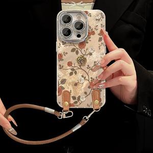 Nueva <span class=keywords><strong>Funda</strong></span> para Teléfono con Degradado Dorado Rosa Camelia para <span class=keywords><strong>iPhone</strong></span> 17 16 15 14 Pro Max, Cadena <span class=keywords><strong>Colgante</strong></span> Marrón, Cubierta de Lente Plateada - Product Image 1