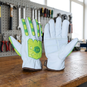 Gants de travail en cuir PU blanc avec embouts et paume antidérapants verts, poignet élastique, gants de sécurité polyvalents - Product Image 5