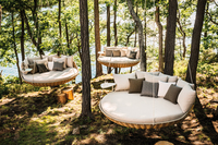 Lit balançoire d'extérieur moderne lit de jour suspendu rond portable avec corde durable en osier et rotin pour jardin, porche, piscine, meubles de parc