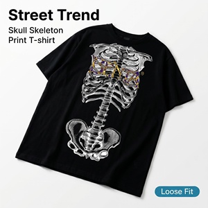Camiseta Personalizada de Algodón 100% de Alto Gramaje, Estilo Urbano Hip Hop, con Gráfico de <span class=keywords><strong>Esqueleto</strong></span>, Impresión Serigráfica, Vintage, Oversize - Product Image 1