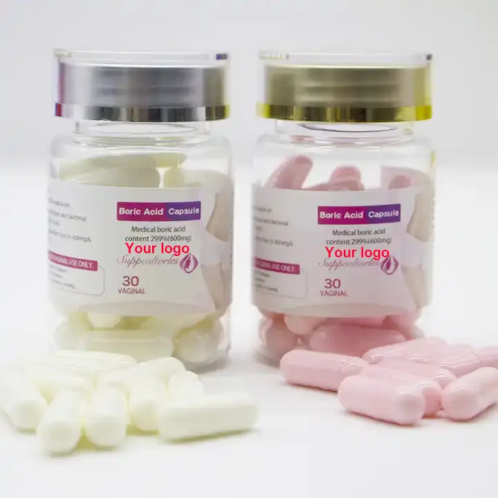 Custom logo wholesale boric acids capsules tighten yoni pops organic 600mg boric acid suppositories pills vaginal