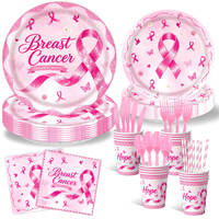 Lot de vaisselle rose pour la sensibilisation au cancer du sein, avec bannière de l'espoir et nappe jetable pour collectes de fonds