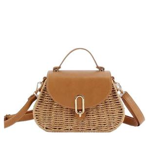 Sac de paille tissé de Style littéraire Ins décontracté pour femmes petit messager de plage carré décontracté doublure en polyester en matériau PU - Product Image 5