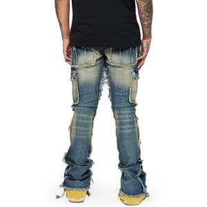 Nouveautés - Pantalons cargo vintage bleus à bords bruts - Jeans en denim pour hommes - Product Image 4