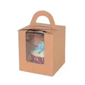 Kraft kek tutucu taşıyıcı, taşınabilir fırın kek kutuları Insert pencere, hediye kutusu Kraft kağıt 7 gün düğün doğum günü