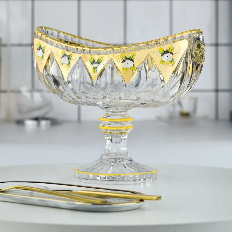 Tableware Wedding Party Decorative Fruit Bowl Gold Enamel Crystal Glass Bowl with Stand