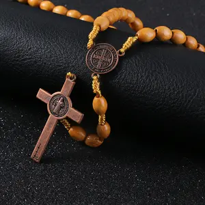 Komi Handgemaakte Weave Ronde Benedictus Medaille Antieke Houten Rozenkrans Kruis Ketting Vintage Katholieke Religieuze Jesus Sieraden Mot