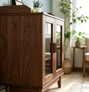 Meuble de salon moderne en bois massif avec portes vitrées, 3 étagères, design mid-century, meuble de rangement - Product Image 2