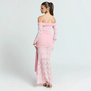 Vestido de Noche Elegante de Estilo Europeo con Encaje, Hombros Descubiertos, Espalda Descubierta, Manga Larga y Detalle de Lazo, Corte Ajustado - Product Image 2