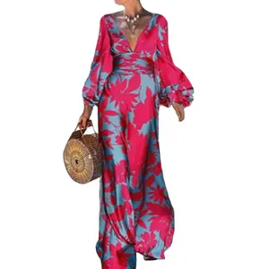 2023 femmes Sexy mode imprimé col en v longue Maxi robe coupe ajustée lanterne manches tricoté tissu pour automne soirée