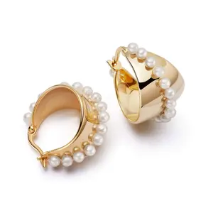 Gemnel party jewelry 925 sterling silver 18k gold classic oval pearl maxi hoop earrings