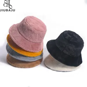 Kadınlar için yeni kış Faux tavşan kürk kova şapka düz renk kalın sıcak Panama Bob balıkçı şapka