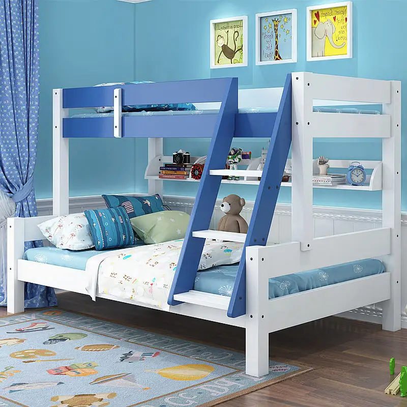 เฟอร์นิเจอร์เด็กสีขาวสีฟ้าเตียงสองชั้นเด็กเตียงไม้พร้อมชั้นวางหนังสือ