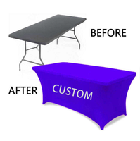 Vente de liquidation B2B, jupe de table personnalisée pour salon professionnel, impression par sublimation, polyester, housse de table extensible ajustée pour les événements