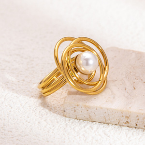 Pearl <b>Titanium</b> Steel <b>Ring</b> Geometric Asymmetry Bezel Setting Women's Jewelry Everyday Wear - Product Image 1