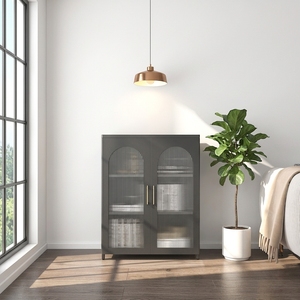 Mueble de Salón, Gabinete de Almacenamiento y Exhibición de Vidrio Acanalado, Estilo Industrial Moderno, Color Negro - Product Image 1