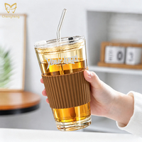 Mug de voyage réutilisable isotherme noir de 16 oz, verre à boire ambré pour café froid avec couvercle et paille en verre