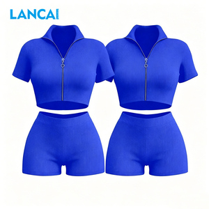 Lancai 2 Piece Lounge Set Women Summer Clothes Short Sleeve Zip up <b>Jacket</b> with Headband Shorts Custom <b>Workout</b> Sets for Women - Product Image 2