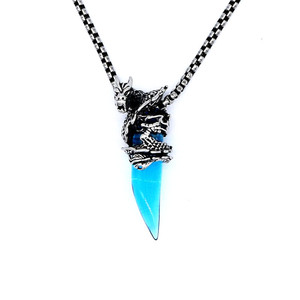 Pendentif Dragon en acier inoxydable avec pierre précieuse bleue, collier pour garçons, bijoux cadeau, design rétro à la mode, motif du zodiaque animal - Product Image 1