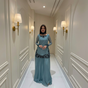 Robe longue élégante pour femme, bleue, brodée, style indien pakistanais, coupe classique, extensible, en FOX GEORGETTE, pour toutes les occasions - Product Image 1
