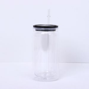 Stylish Clear Transparent 16oz Double Wall <b>Plastic</b> Mason Jar with Lid Straw for Takeaway Delivery Bubble Tea - Product Image 4