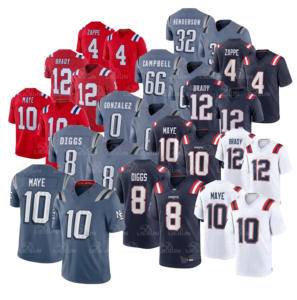 Camisetas de Fútbol Americano Bordadas al por Mayor 2026, Nueva Inglaterra, 10 Drake Maye, 8 DIGGS, 12 Tom Brady, 15 Ezekiel Elliott, 4 Bailey Zappe - Product Image 1