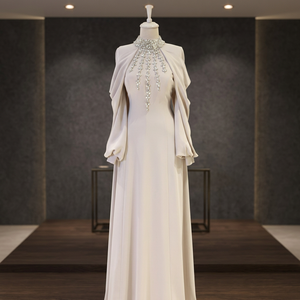 Robe longue de soirée vintage en satin à col montant, coupe trapèze, avec jupe ample, motif perles et cristaux, style écologique pour fêtes - Product Image 3