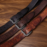 Sabuk Kulit Pria dengan Efek Distressed Vintage, Jahitan Tangan, Gesper Pin, Sabuk Kulit Sapi Asli untuk Pria, Sabuk Jeans Pria.