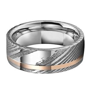 Bandas de boda de oro rosa de 8mm para hombre <span class=keywords><strong>y</strong></span> mujer, anillo de acero de Damasco, corte de tubo de <span class=keywords><strong>dos</strong></span> tonos, mate pulido brillante, confort Fit - Product Image 2